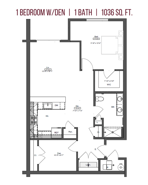 Floor plan for 1 bed, 1 bath, 1036 sqft